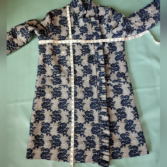 Halogen Blue Floral Plaid Print Ruffle Coat - Picture 8 of 11